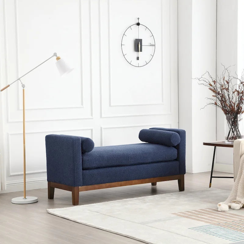 53.5W Elegant Upholstered Bench, Ottoman with Wood Legs & Bolster Pillows for End of Bed, Bedroom, Living Room, Entryway