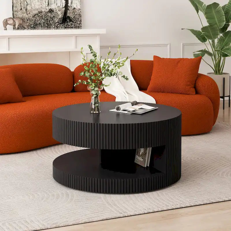 Table basse ronde à double plateau Table d'appoint moderne Table basse à rayures verticales avec rangement, pour salon