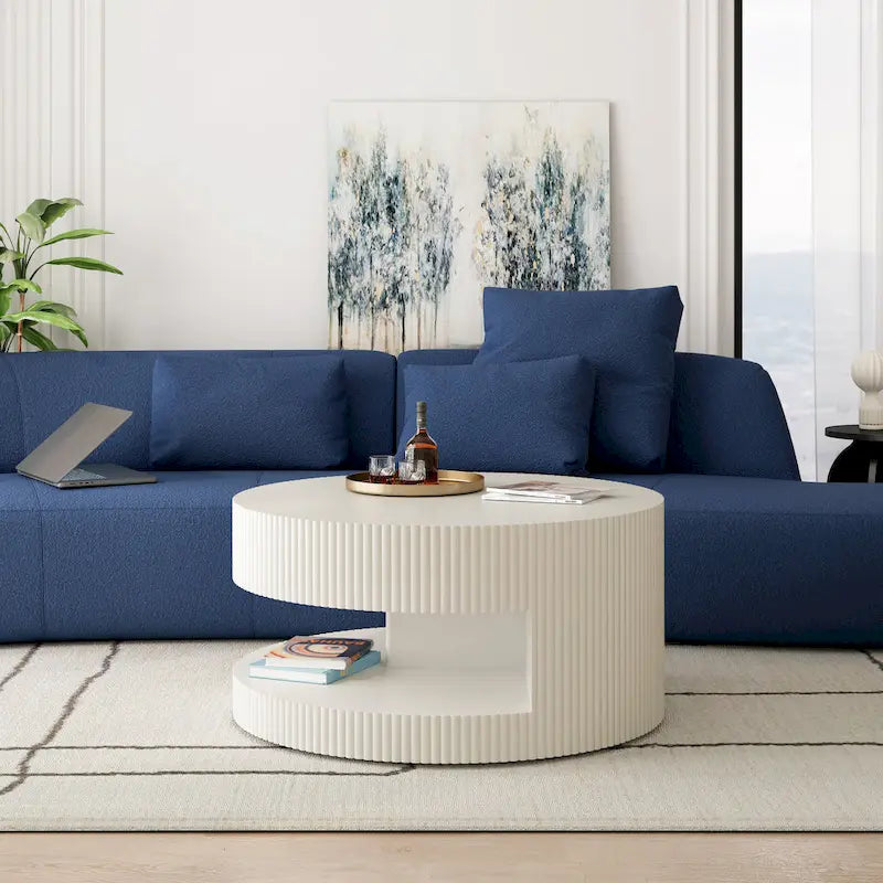 Table basse ronde à double plateau Table d'appoint moderne Table basse à rayures verticales avec rangement, pour salon