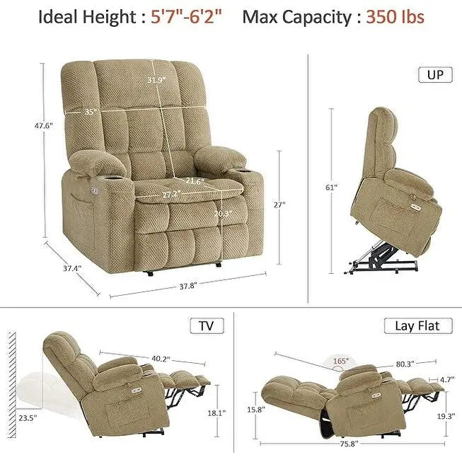 Fauteuil inclinable releveur électrique double moteur avec massage et chaleur – Siège large