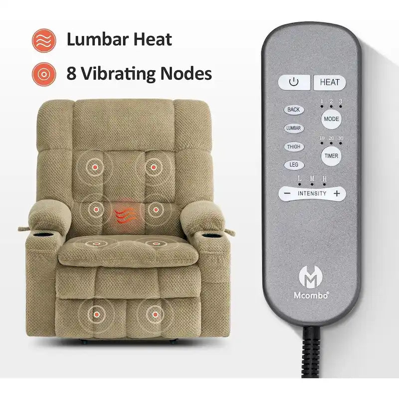 Fauteuil inclinable releveur électrique double moteur avec massage et chaleur – Siège large
