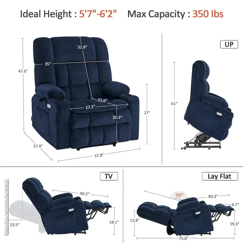 Fauteuil inclinable releveur électrique double moteur avec massage et chaleur – Siège large