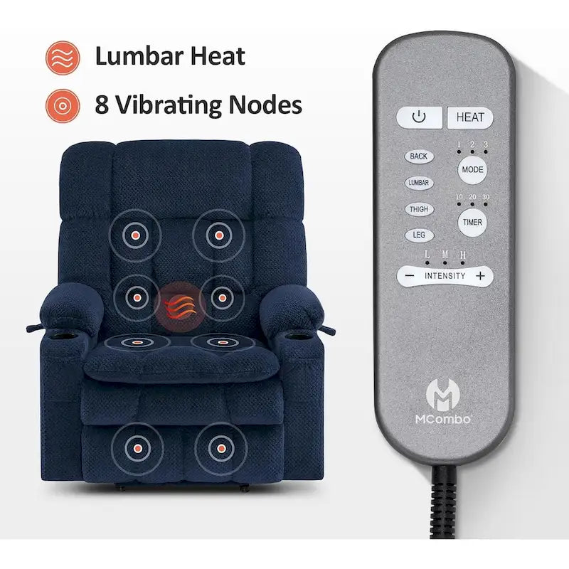 Fauteuil inclinable releveur électrique double moteur avec massage et chaleur – Siège large