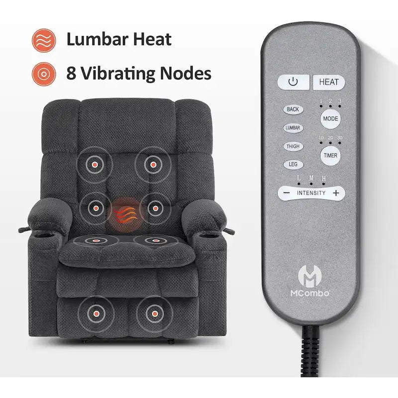 Fauteuil inclinable releveur électrique double moteur avec massage et chaleur – Siège large