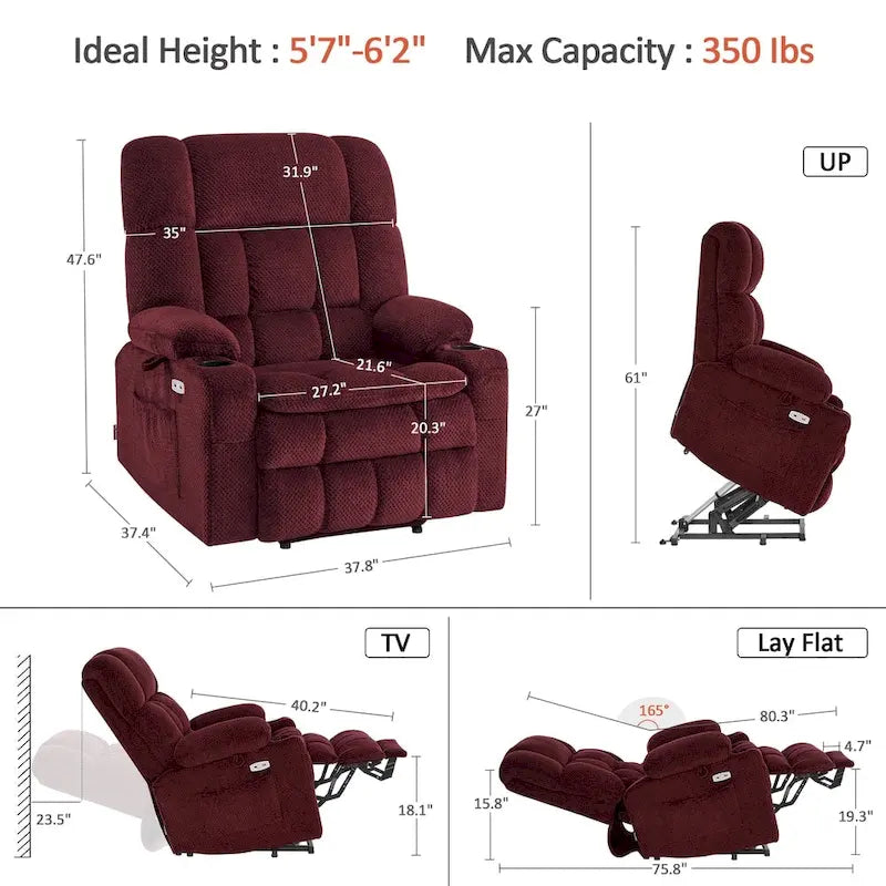 Fauteuil inclinable releveur électrique double moteur avec massage et chaleur – Siège large