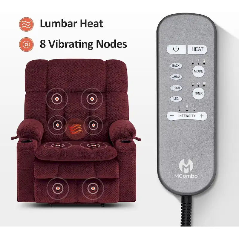 Fauteuil inclinable releveur électrique double moteur avec massage et chaleur – Siège large