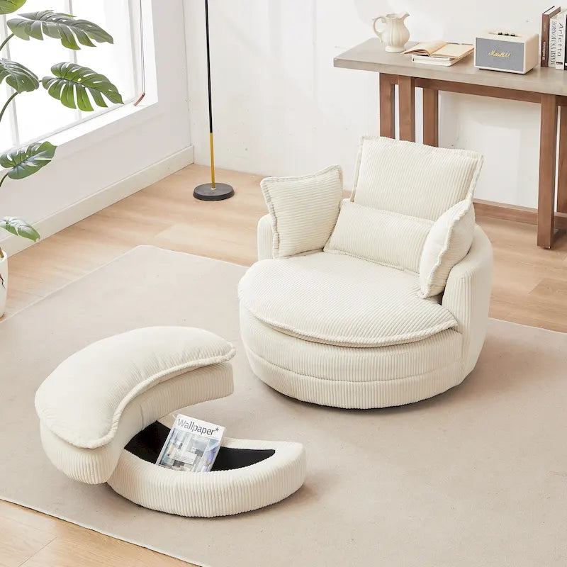 Fauteuil baril pivotant surdimensionné avec pouf de rangement