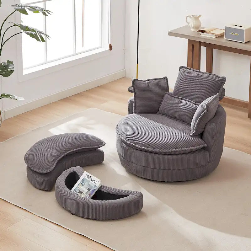 Fauteuil baril pivotant surdimensionné avec pouf de rangement