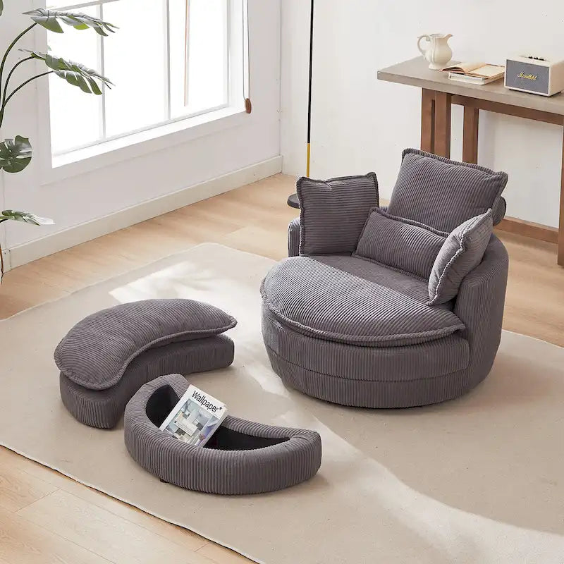 Fauteuil baril pivotant surdimensionné avec pouf de rangement