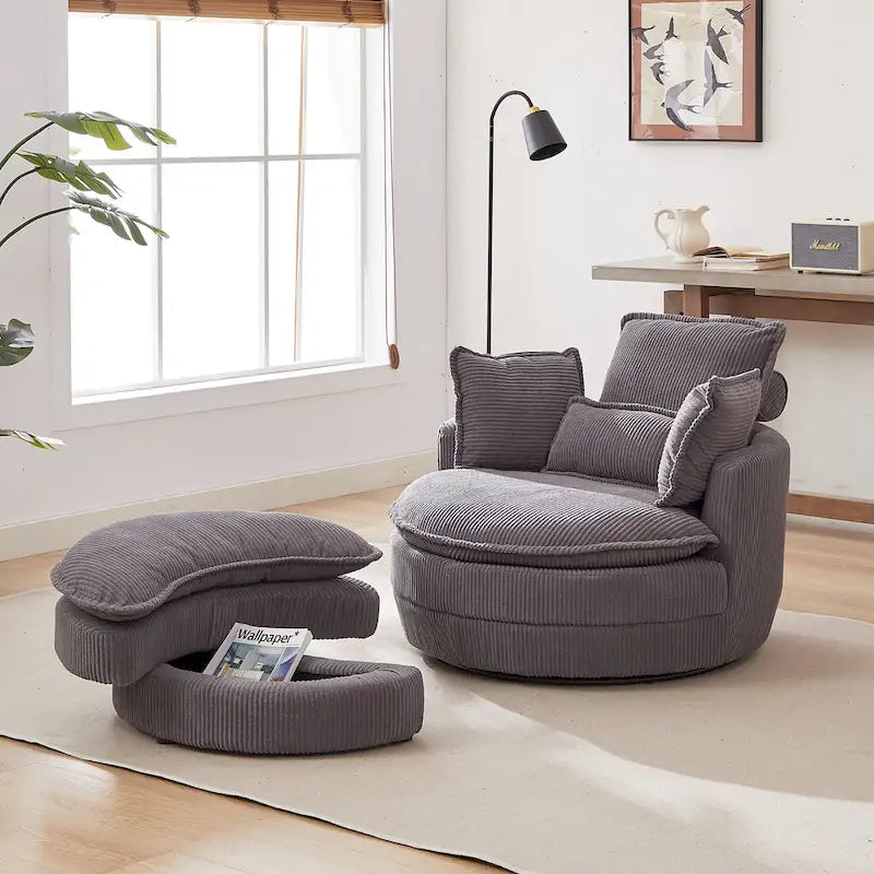 Fauteuil baril pivotant surdimensionné avec pouf de rangement