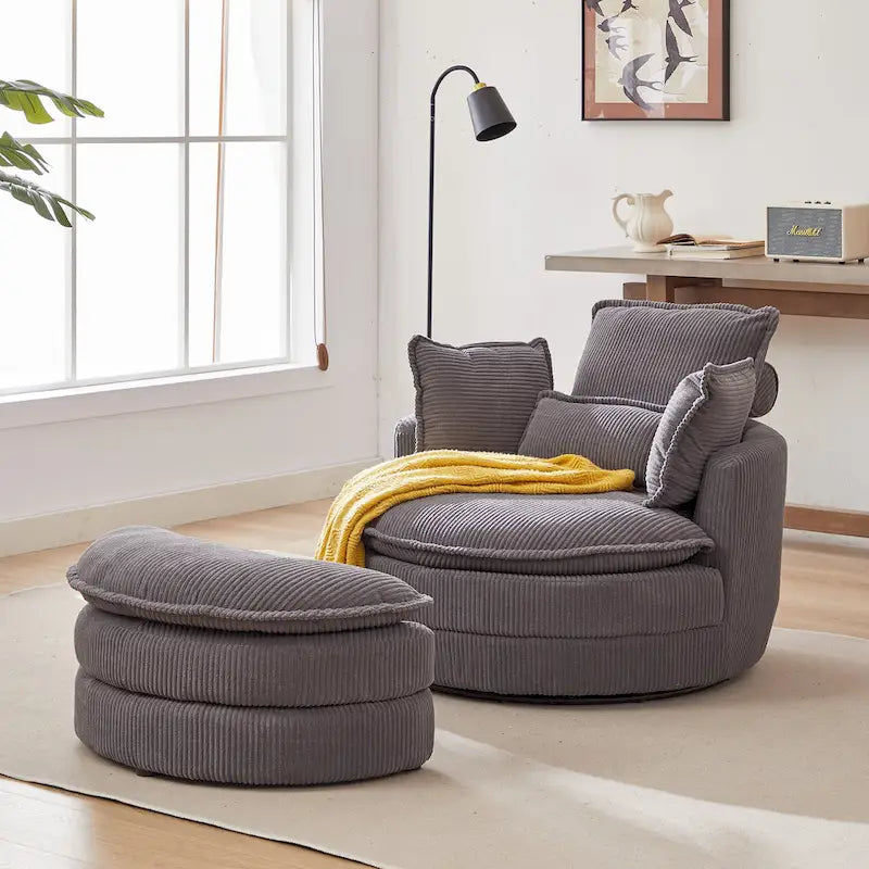 Fauteuil baril pivotant surdimensionné avec pouf de rangement