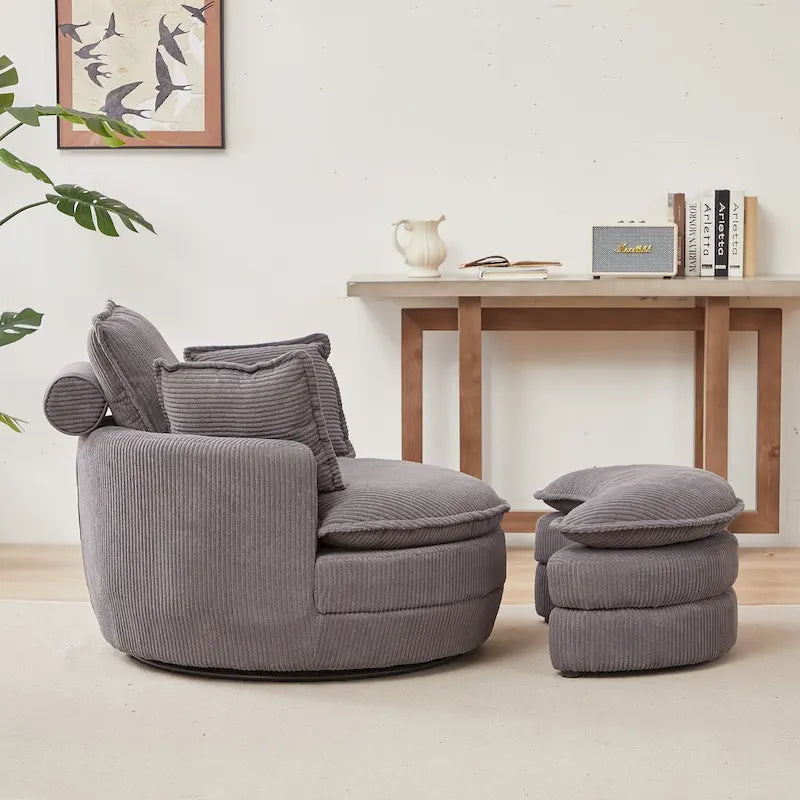 Fauteuil baril pivotant surdimensionné avec pouf de rangement
