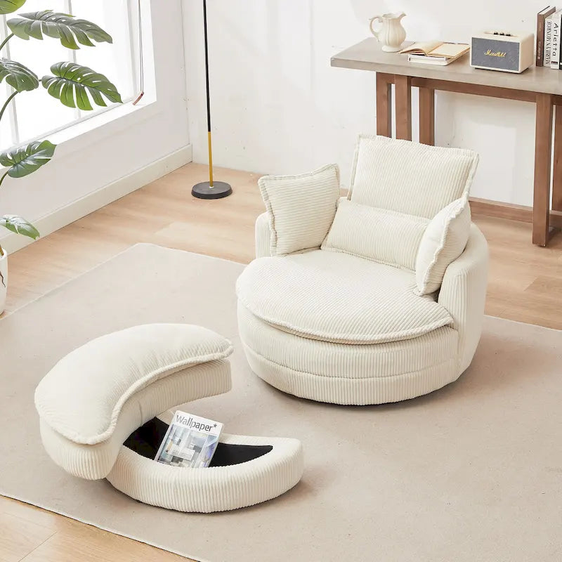 Fauteuil baril pivotant surdimensionné avec pouf de rangement