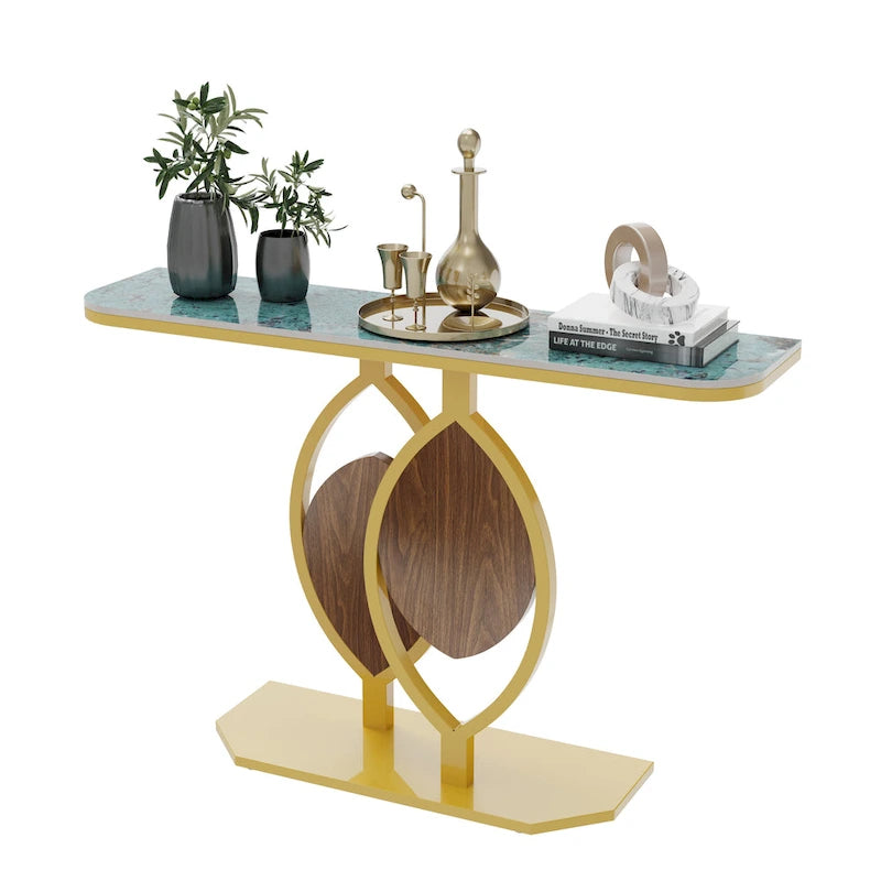 Table console moderne en marbre de 48 po avec base dorée pour entrée ou salon - 48x12x31