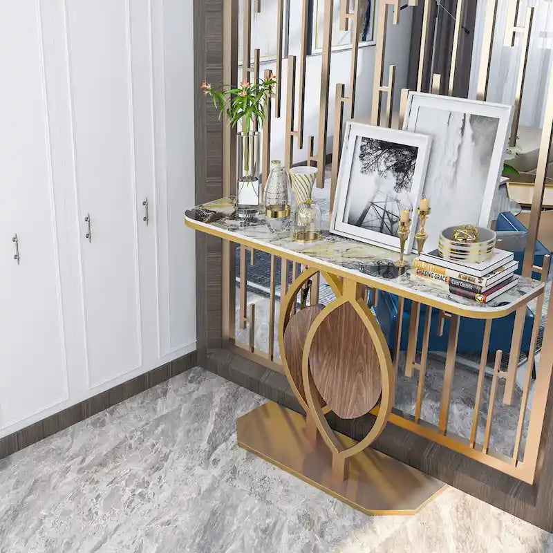 Table console moderne en marbre de 48 po avec base dorée pour entrée ou salon - 48x12x31