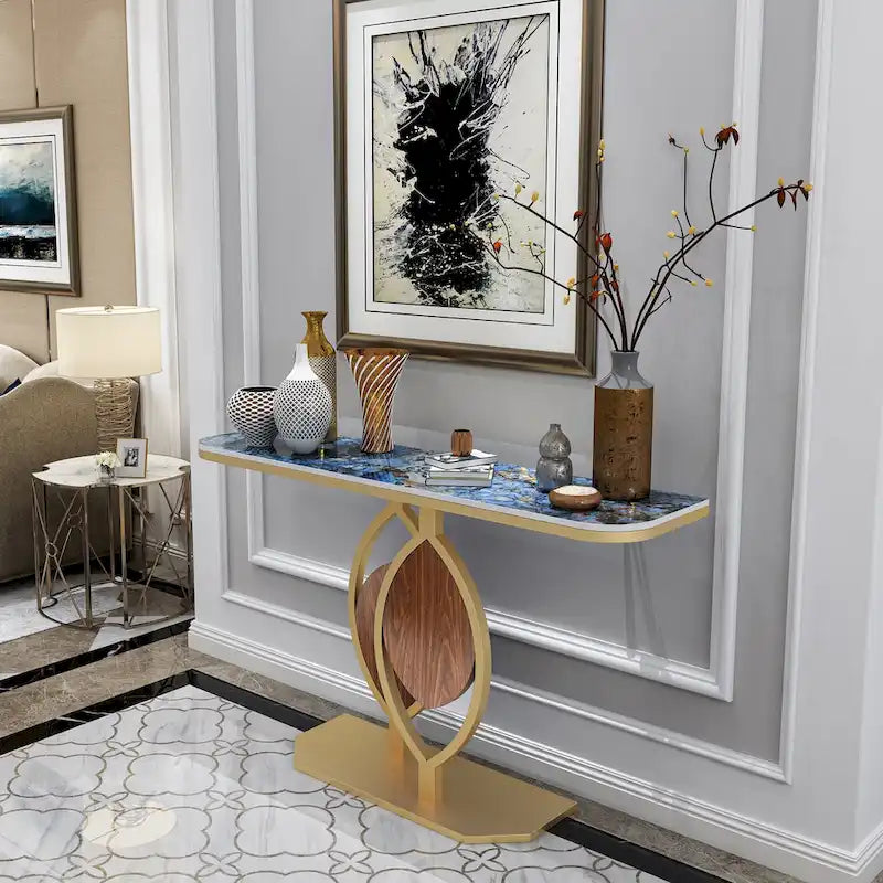 Table console moderne en marbre de 48 po avec base dorée pour entrée ou salon - 48x12x31