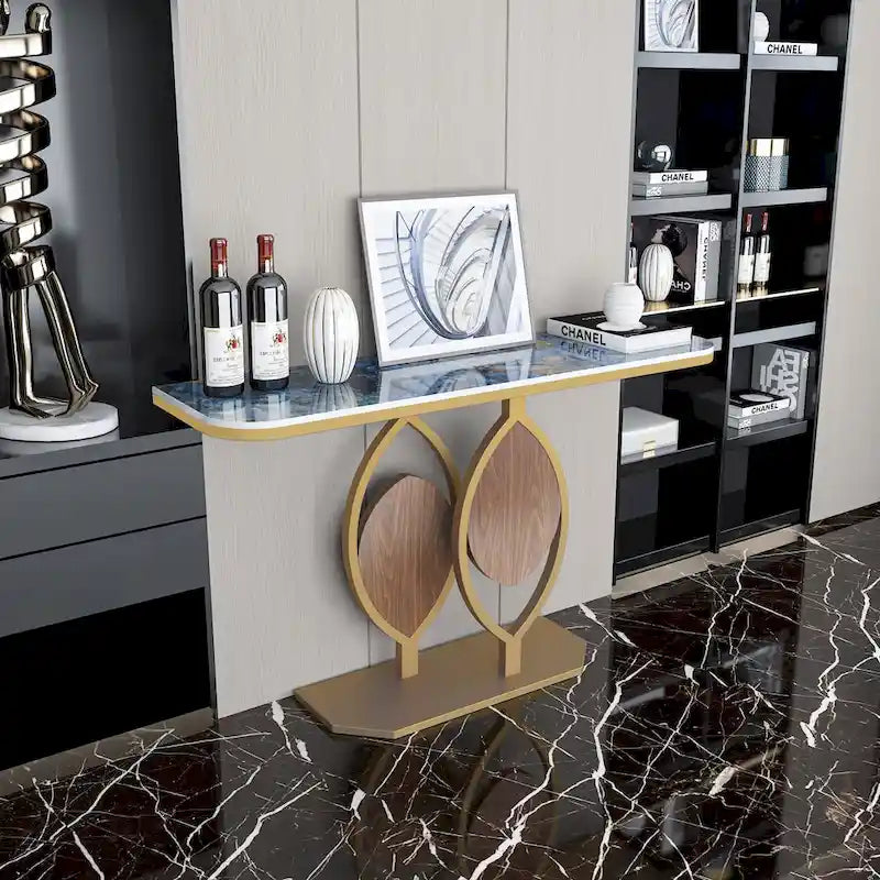 Table console moderne en marbre de 48 po avec base dorée pour entrée ou salon - 48x12x31