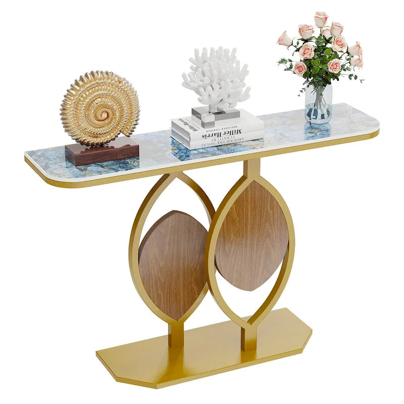 Table console moderne en marbre de 48 po avec base dorée pour entrée ou salon - 48x12x31