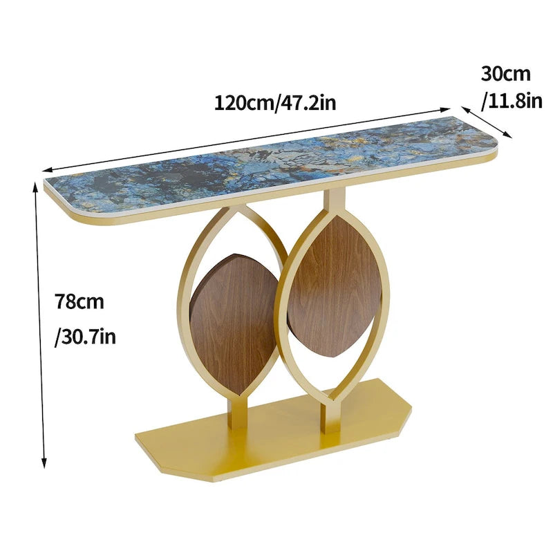 Table console moderne en marbre de 48 po avec base dorée pour entrée ou salon - 48x12x31