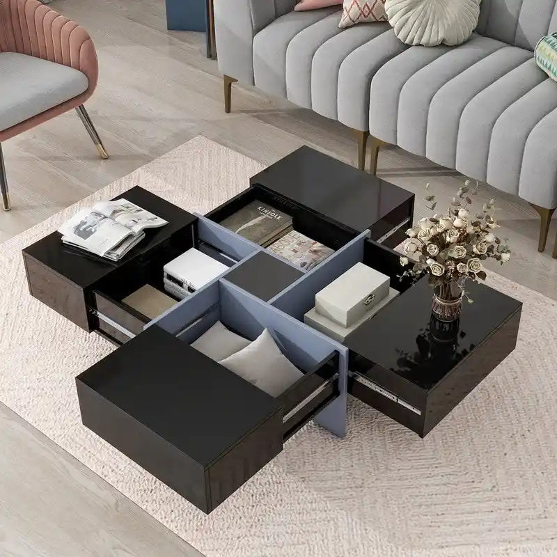 Table basse carrée avec rangements dissimulés et plateau coulissant