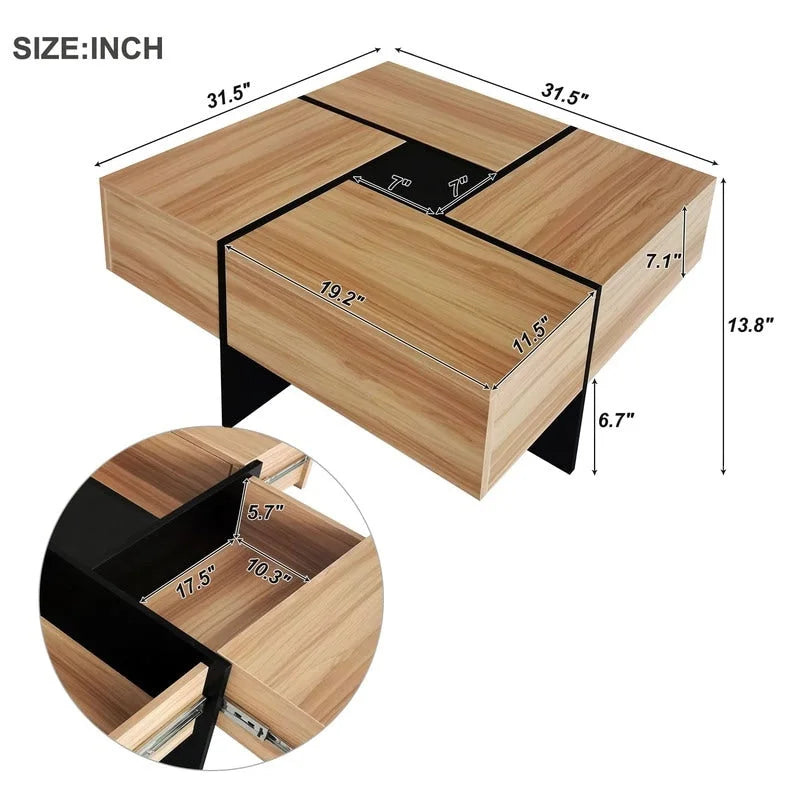 Table basse carrée avec rangements dissimulés et plateau coulissant