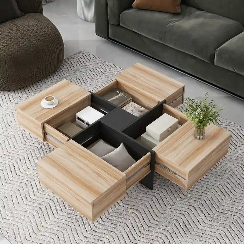 Table basse carrée avec rangements dissimulés et plateau coulissant
