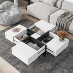 Table basse carrée avec rangements dissimulés et plateau coulissant