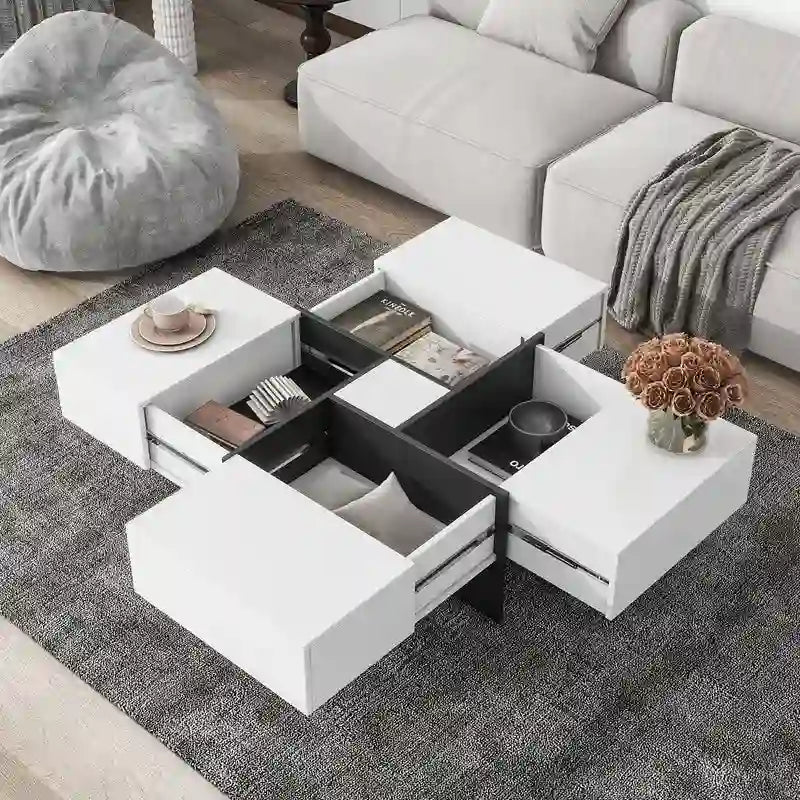 Table basse carrée avec rangements dissimulés et plateau coulissant