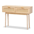 Console en bois de chêne clair marron et rotin à 2 tiroirs