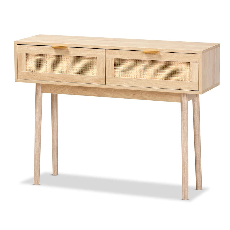 Console en bois de chêne clair marron et rotin à 2 tiroirs