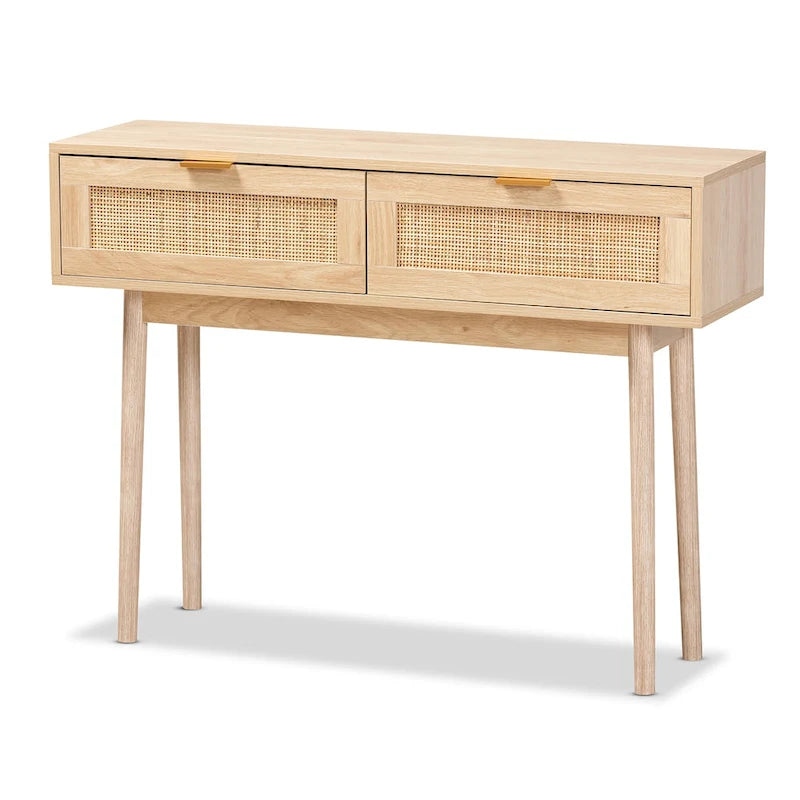 Console en bois de chêne clair marron et rotin à 2 tiroirs