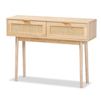 Console en bois de chêne clair marron et rotin à 2 tiroirs