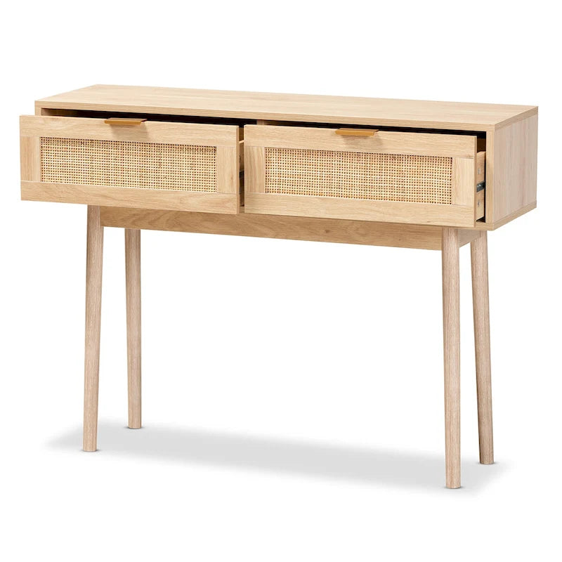 Console en bois de chêne clair marron et rotin à 2 tiroirs