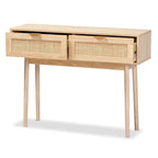 Console en bois de chêne clair marron et rotin à 2 tiroirs