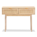 Console en bois de chêne clair marron et rotin à 2 tiroirs