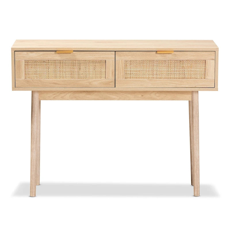 Console en bois de chêne clair marron et rotin à 2 tiroirs