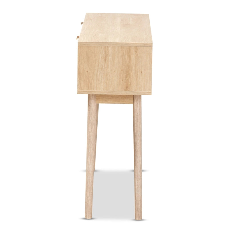 Console en bois de chêne clair marron et rotin à 2 tiroirs