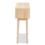 Console en bois de chêne clair marron et rotin à 2 tiroirs