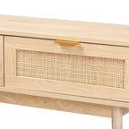 Console en bois de chêne clair marron et rotin à 2 tiroirs