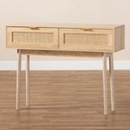 Console en bois de chêne clair marron et rotin à 2 tiroirs