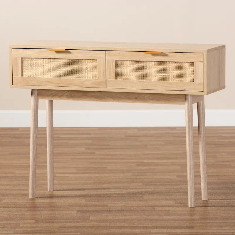 Console en bois de chêne clair marron et rotin à 2 tiroirs