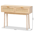 Console en bois de chêne clair marron et rotin à 2 tiroirs