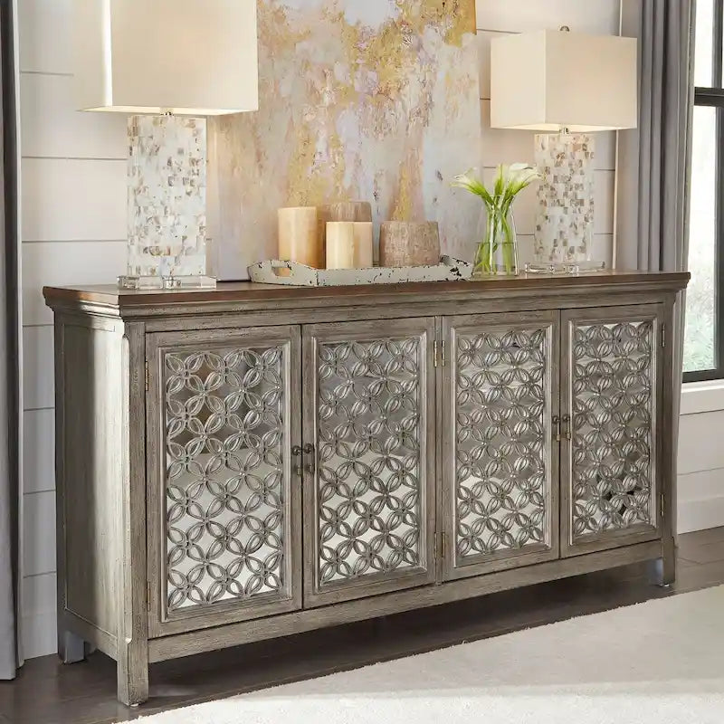 Meuble d'appoint 4 portes avec miroir et finition gris brossé