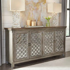 Meuble d'appoint 4 portes avec miroir et finition gris brossé