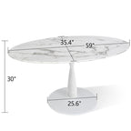 Table à manger sur pied ovale avec plateau en faux marbre blanc