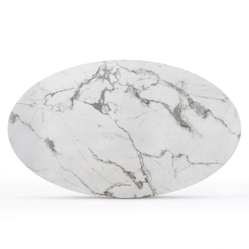 Table à manger sur pied ovale avec plateau en faux marbre blanc