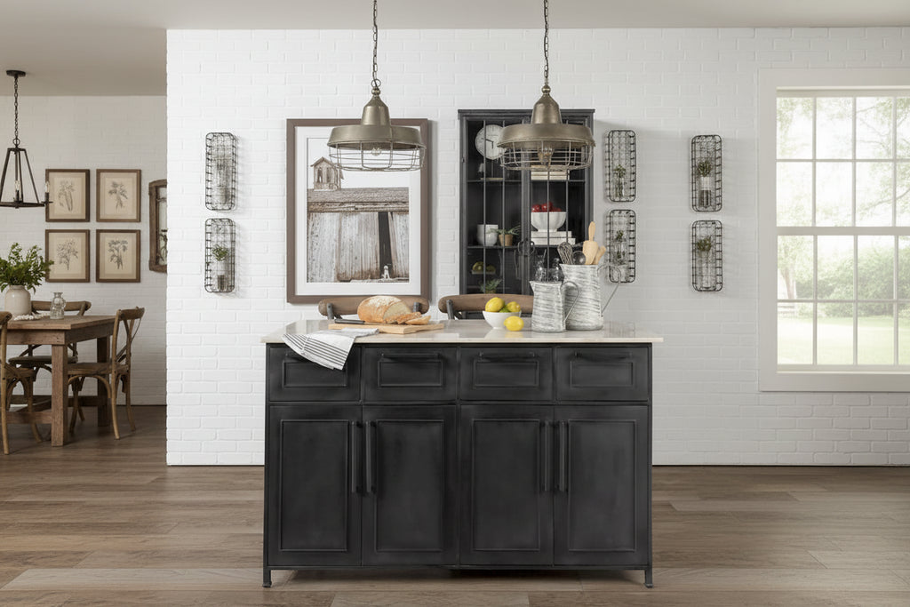 Fieri White Marble Top w/Black Solid Iron Frame Kitchen Island - 58W x 32D x 37H