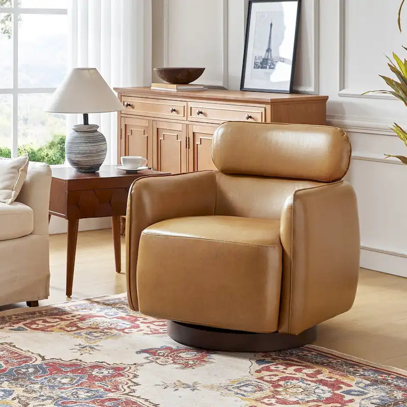 Fauteuil Tonneau Pivotant en Cuir Véritable Moderne