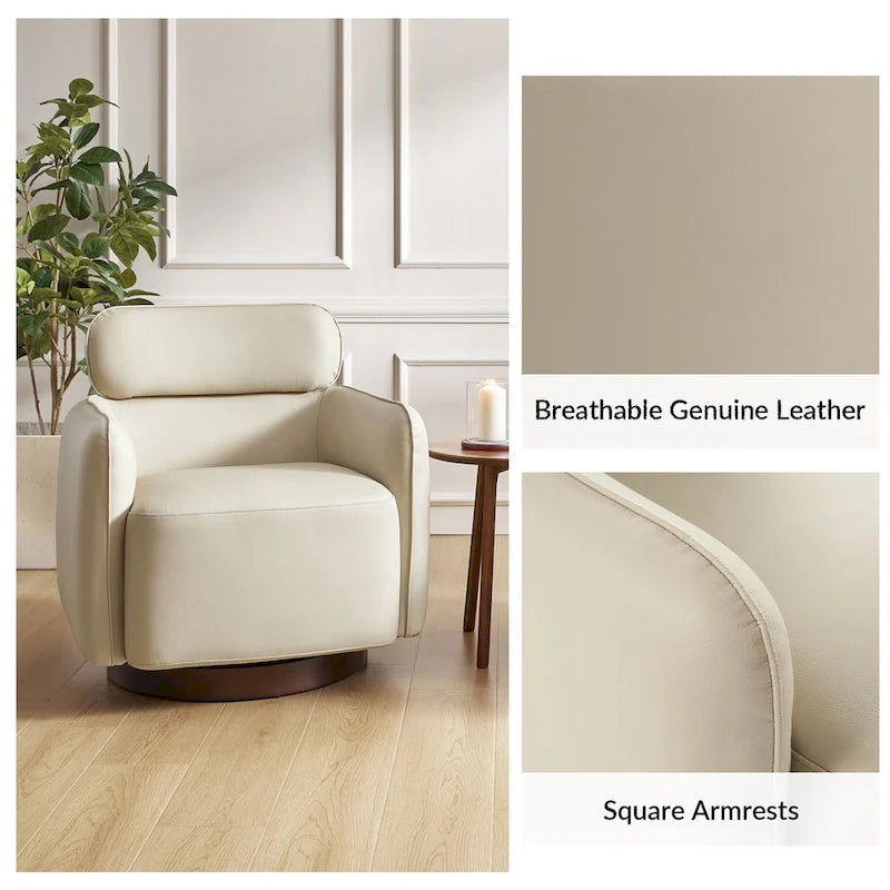 Fauteuil Tonneau Pivotant en Cuir Véritable Moderne