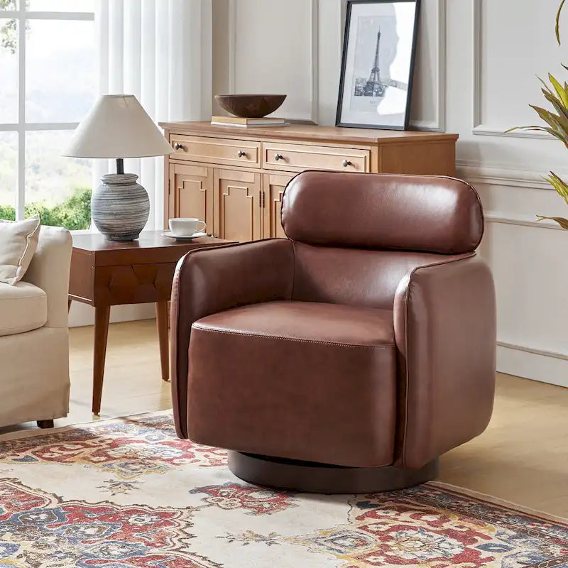 Fauteuil Tonneau Pivotant en Cuir Véritable Moderne